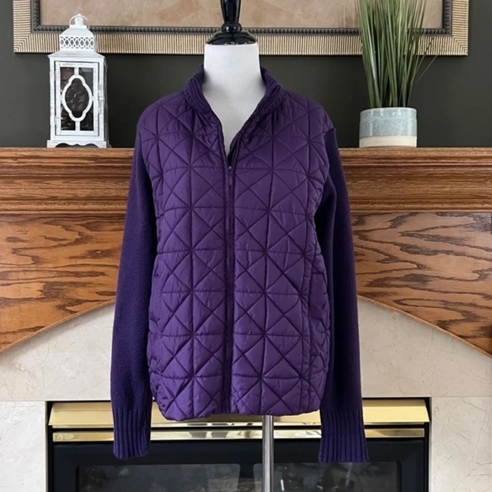 Coldwater Creek‎ Women's Purple Wool Blend Full Zip Quilted Sweater Jacket Sz. L